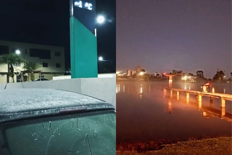 Comandante dos Bombeiros desafia frio de -1°C e nada em lago no Meio-Oeste catarinense