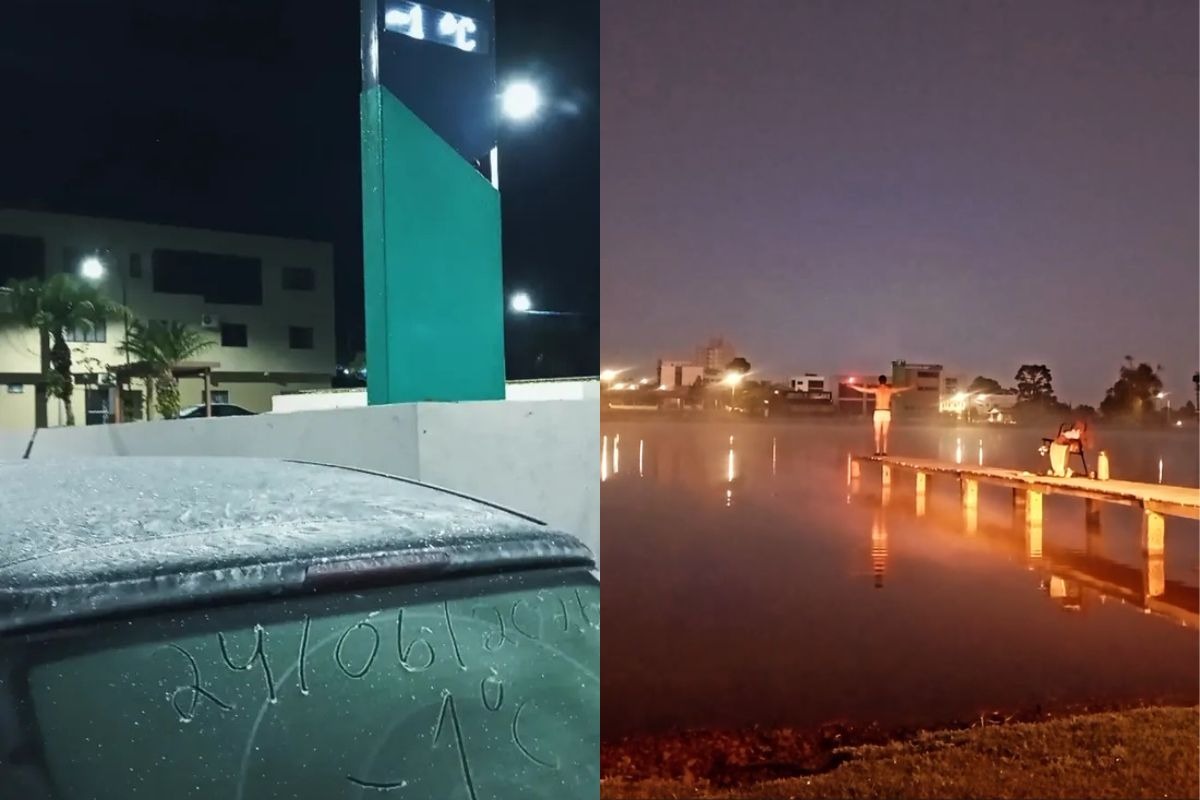 Comandante dos Bombeiros desafia frio de -1°C e nada em lago no Meio-Oeste catarinense