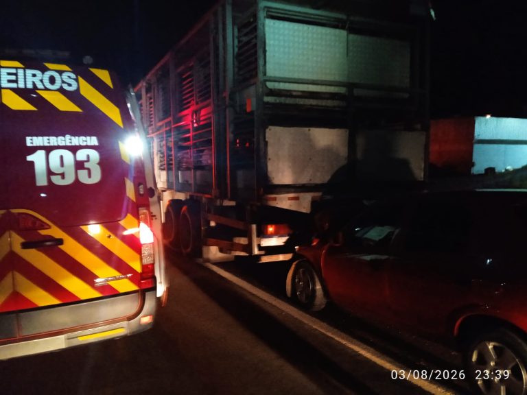 Jovem fica ferido após carro colidir na traseira de caminhão na BR-282 em Catanduvas